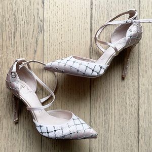 LE CHATEAU Pink Satin Heels with Faux Diamonds